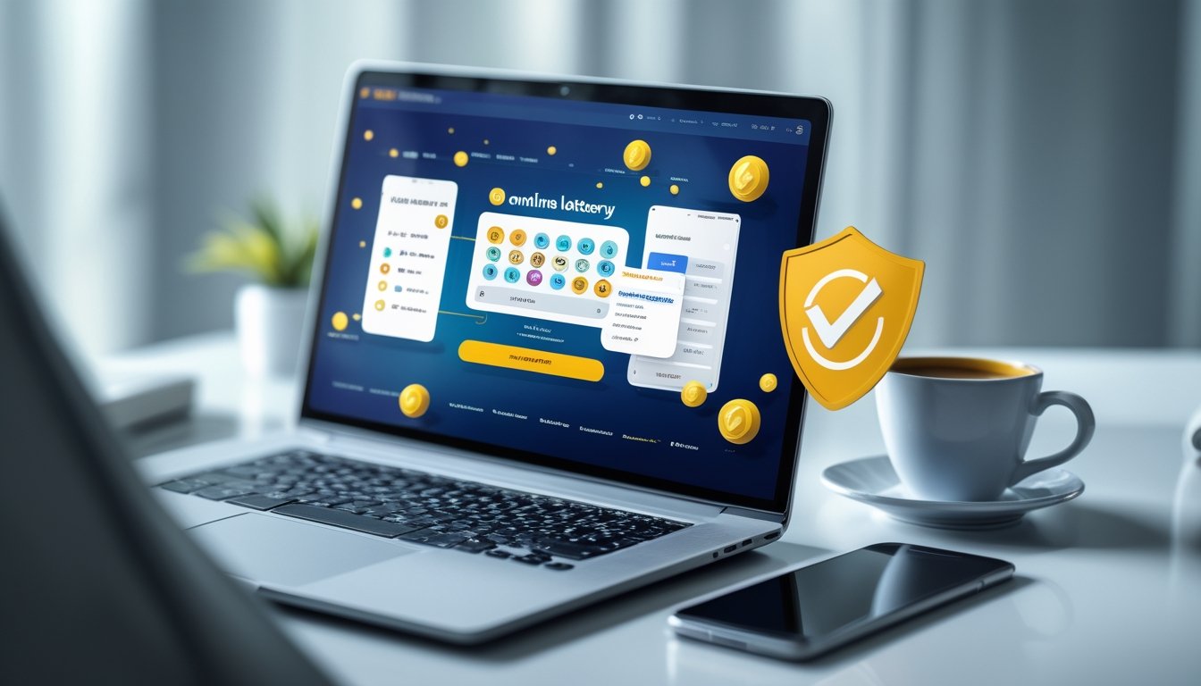 Meja kerja dengan laptop dan ponsel yang menampilkan situs togel online terpercaya, dengan secangkir kopi di sampingnya.