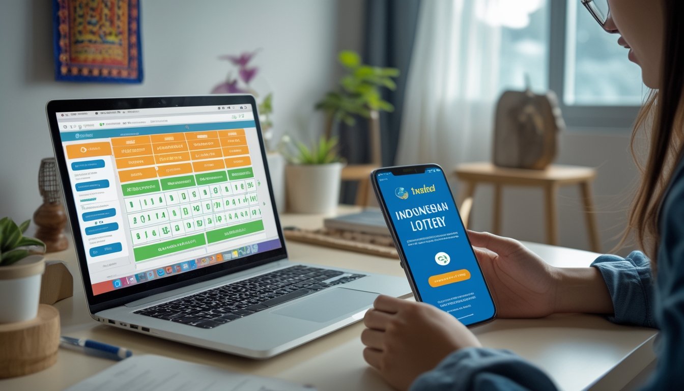 Seorang pria menggunakan laptop dan ponsel di meja kerja dengan tampilan situs togel online terpercaya di layar.