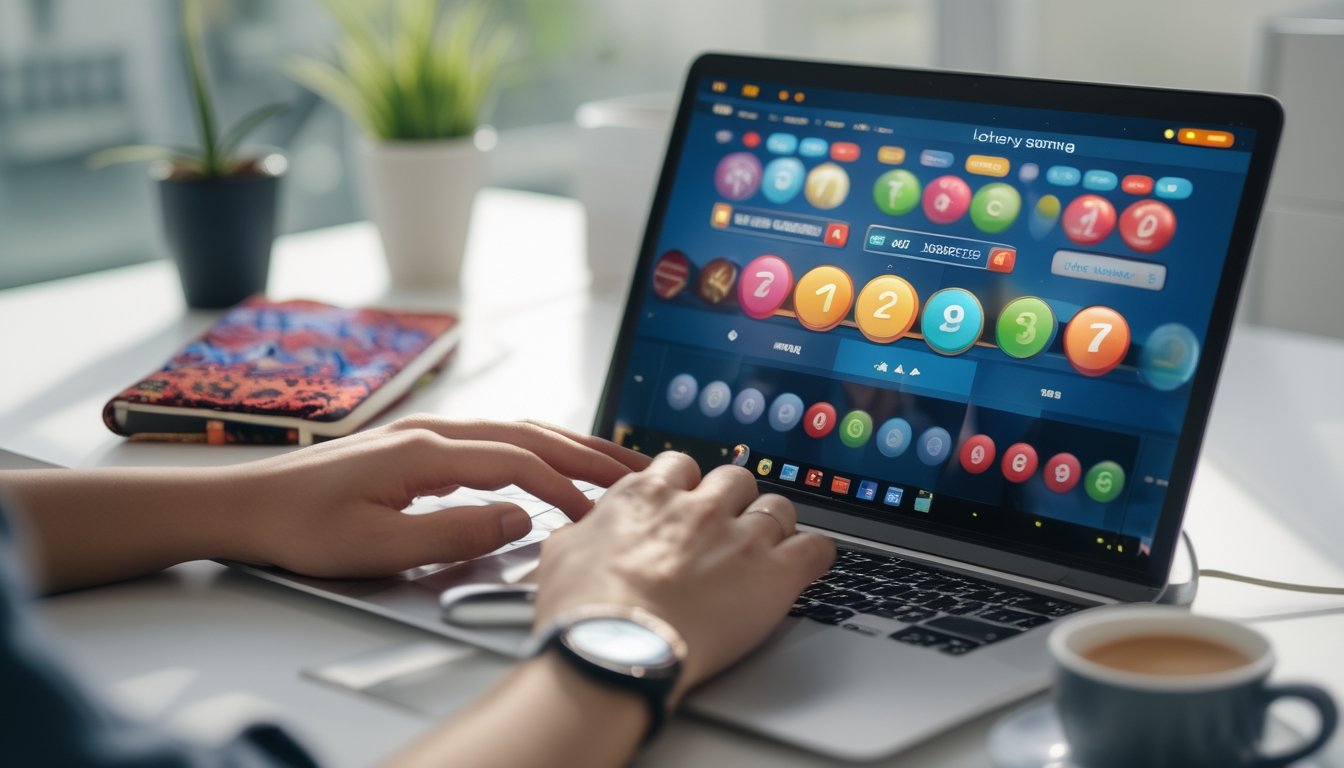 Seorang individu menggunakan laptop di meja kerja yang rapi dengan tampilan situs togel online di layar.