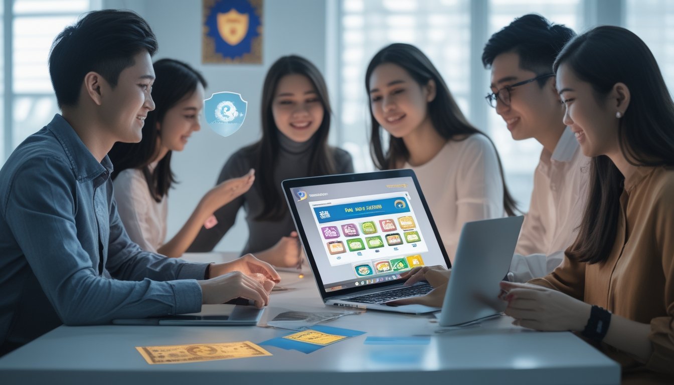 Sekelompok orang muda menggunakan perangkat digital di ruang kerja yang terang dan aman, dengan elemen budaya Indonesia dan simbol keamanan digital.
