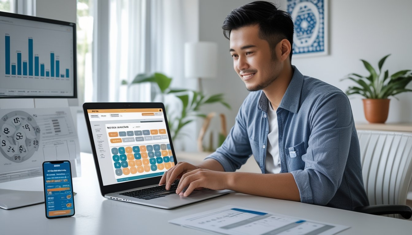 Seorang pria Indonesia duduk di depan laptop di ruang kerja rumah yang terang, fokus melihat layar dengan tampilan angka lotere online.