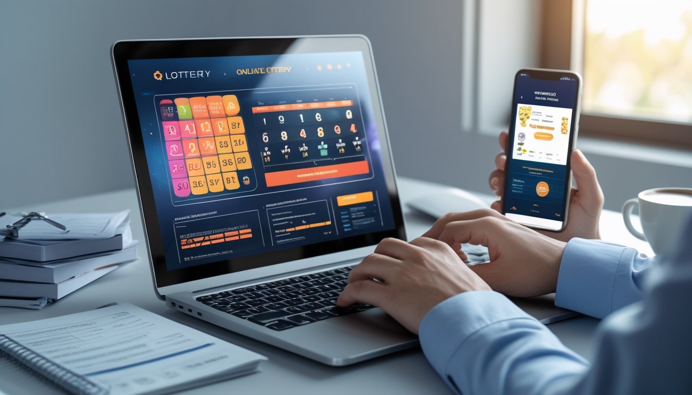 Seorang pria menggunakan laptop dengan tampilan permainan togel online di meja kerja yang rapi.