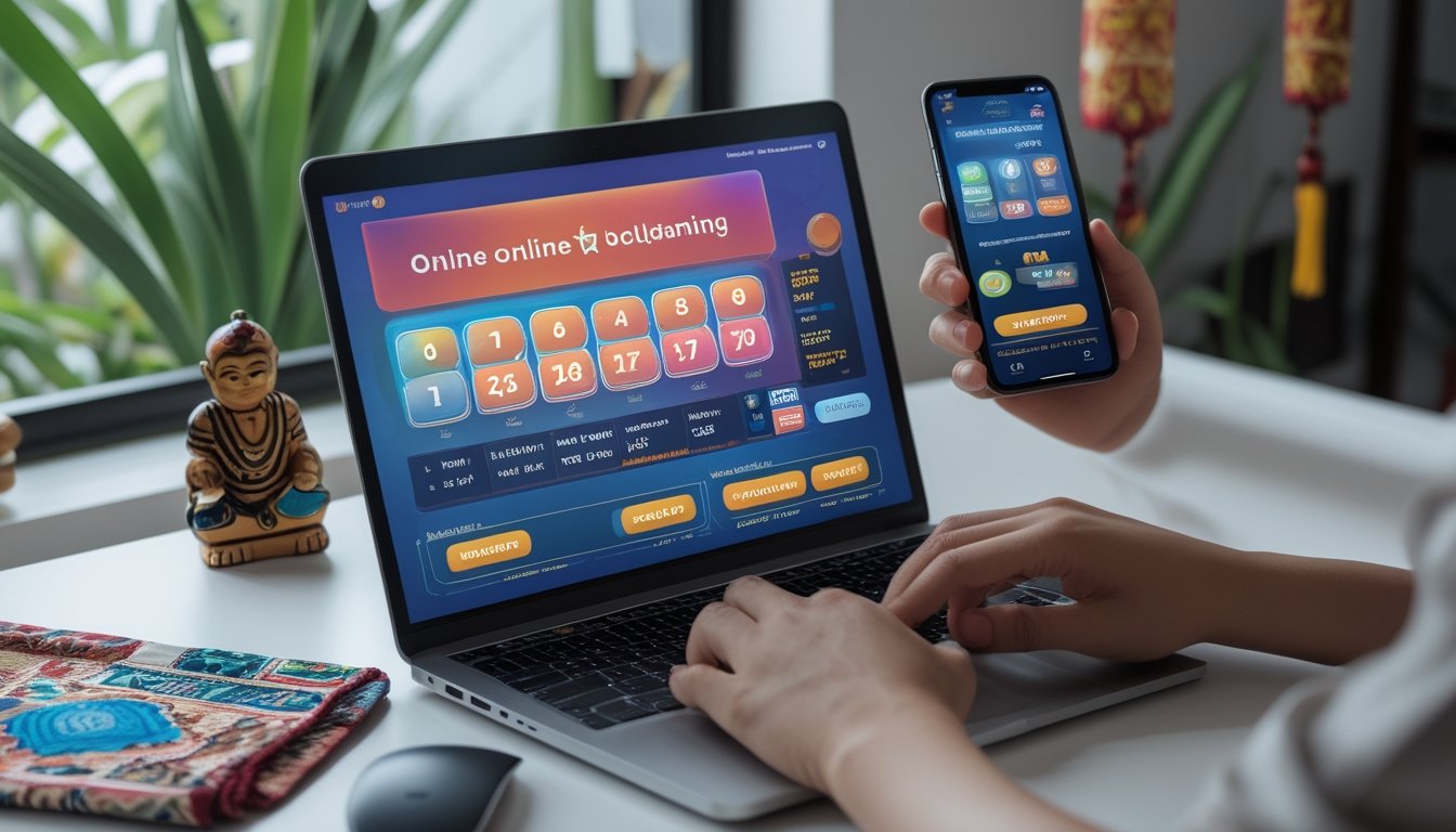 Meja kerja modern dengan laptop dan ponsel yang menampilkan situs togel online, tangan sedang menggunakan laptop, dengan hiasan budaya Indonesia di latar belakang.