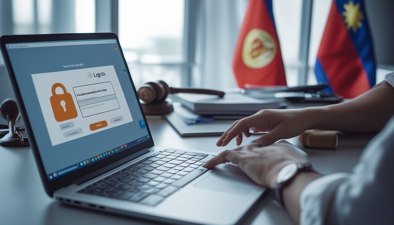 Meja kerja dengan laptop dan ponsel yang menampilkan halaman pendaftaran situs togel online, dengan tangan seseorang sedang mengetik dan latar belakang bendera Indonesia serta dokumen resmi.
