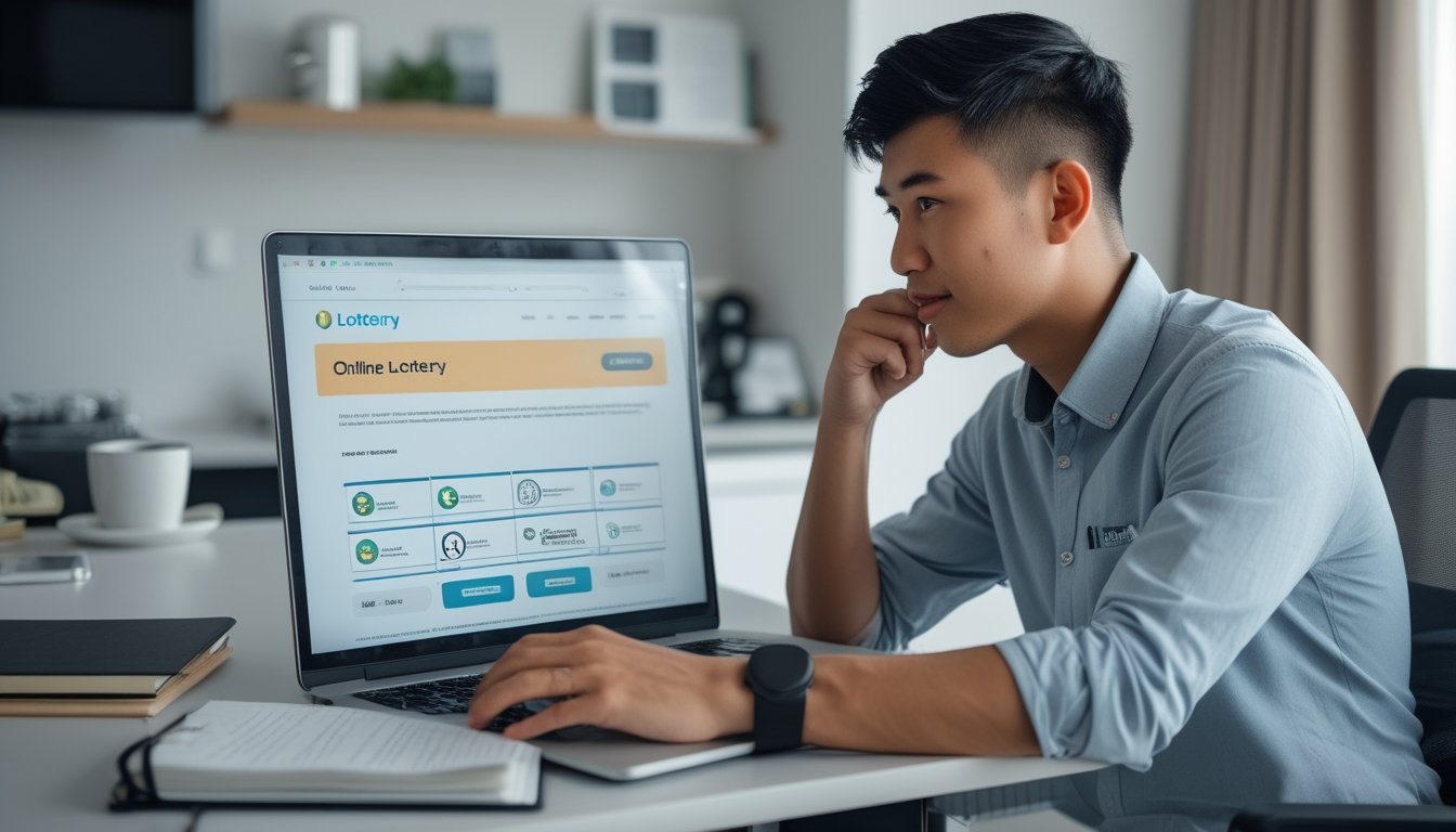 Seorang pria muda di ruang kerja rumah yang terang sedang menggunakan laptop dengan tampilan situs togel online yang profesional.