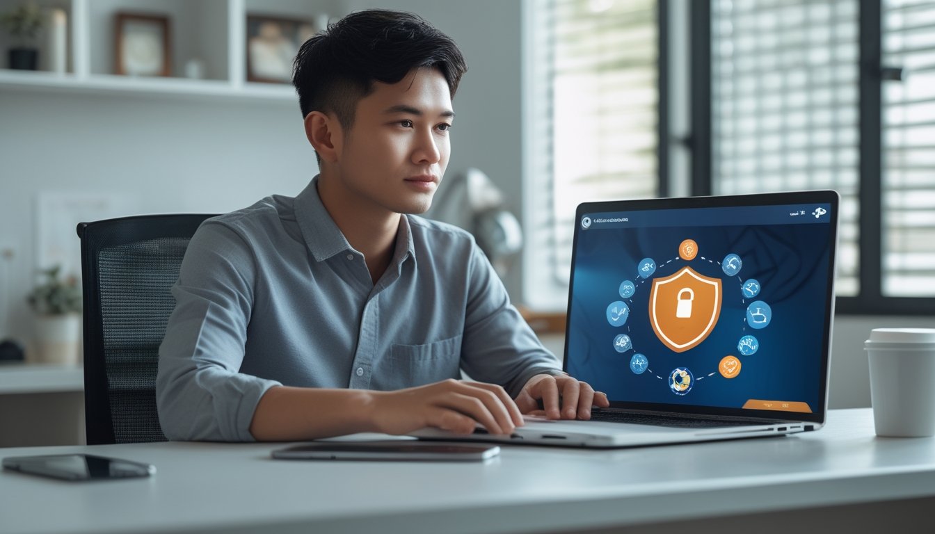 Seorang pria muda Indonesia duduk di meja dengan laptop, terlihat fokus dan percaya diri menggunakan platform togel online di ruangan kerja yang rapi.