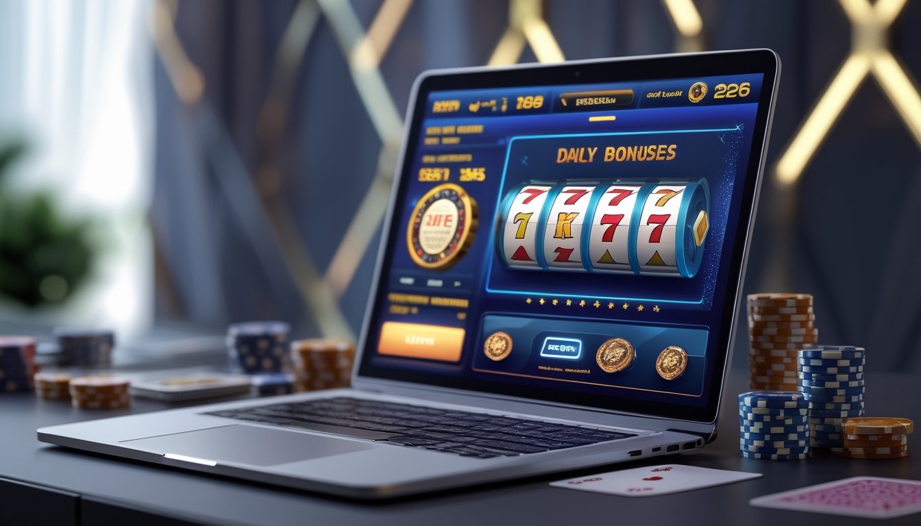 Meja kerja dengan laptop yang menampilkan permainan slot online dan beberapa chip poker serta kartu bermain di sekitarnya.