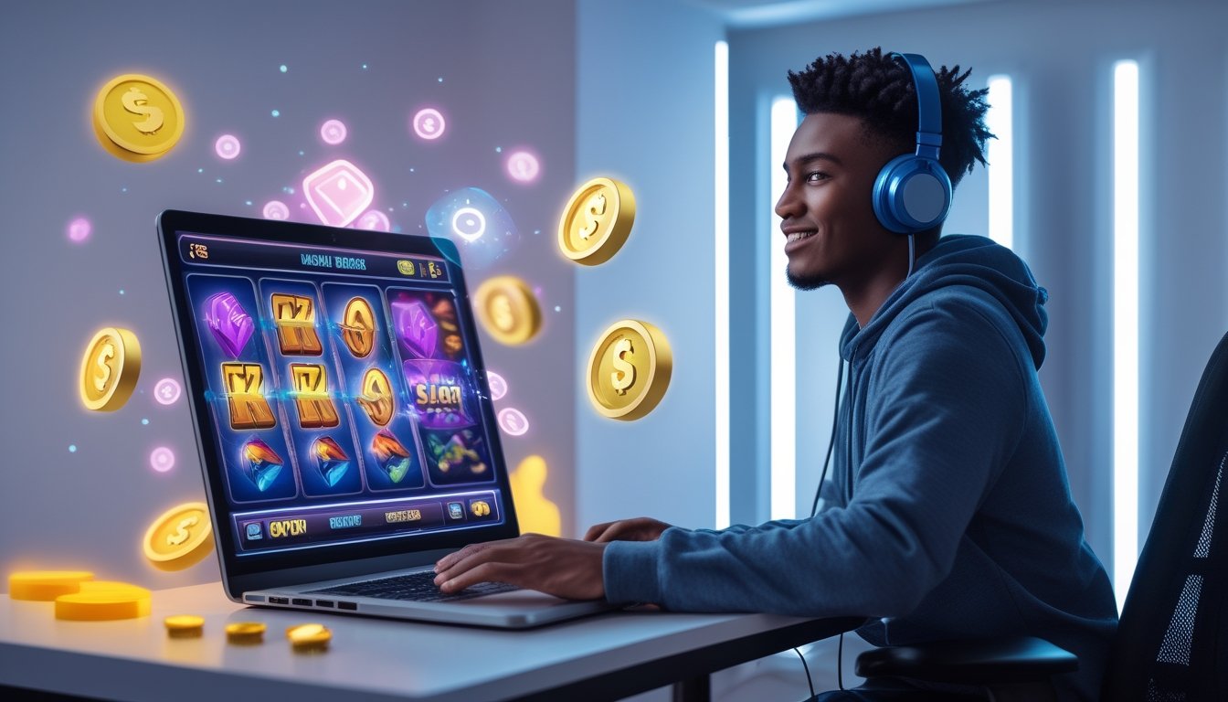 Seorang dewasa muda sedang menggunakan laptop dengan tampilan permainan slot online yang berwarna-warni di layar, di meja yang rapi dengan suasana teknologi modern.