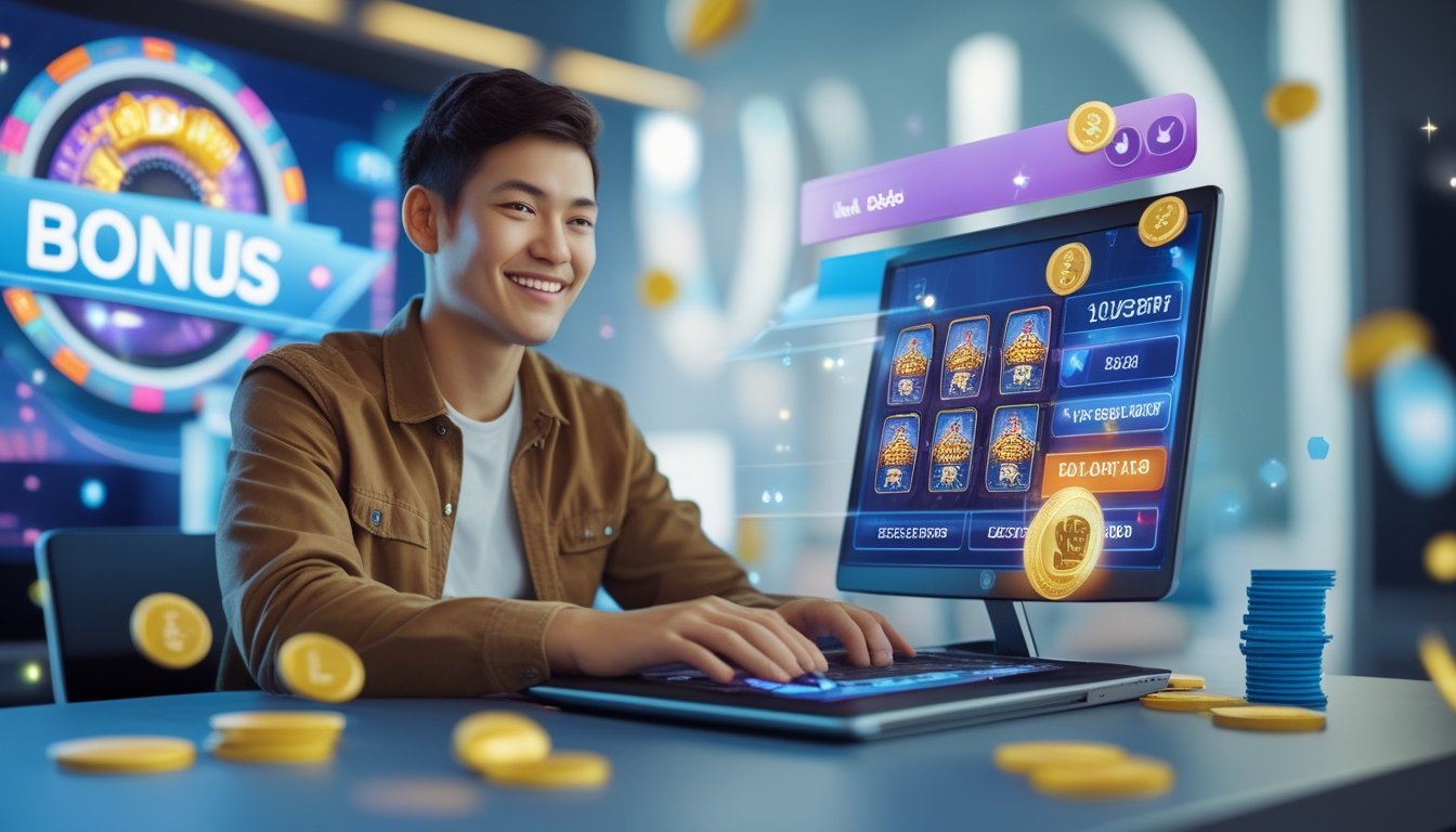 Seorang dewasa muda duduk di meja dengan laptop, tampak senang dan fokus, dikelilingi oleh simbol permainan slot online dan bonus harian.