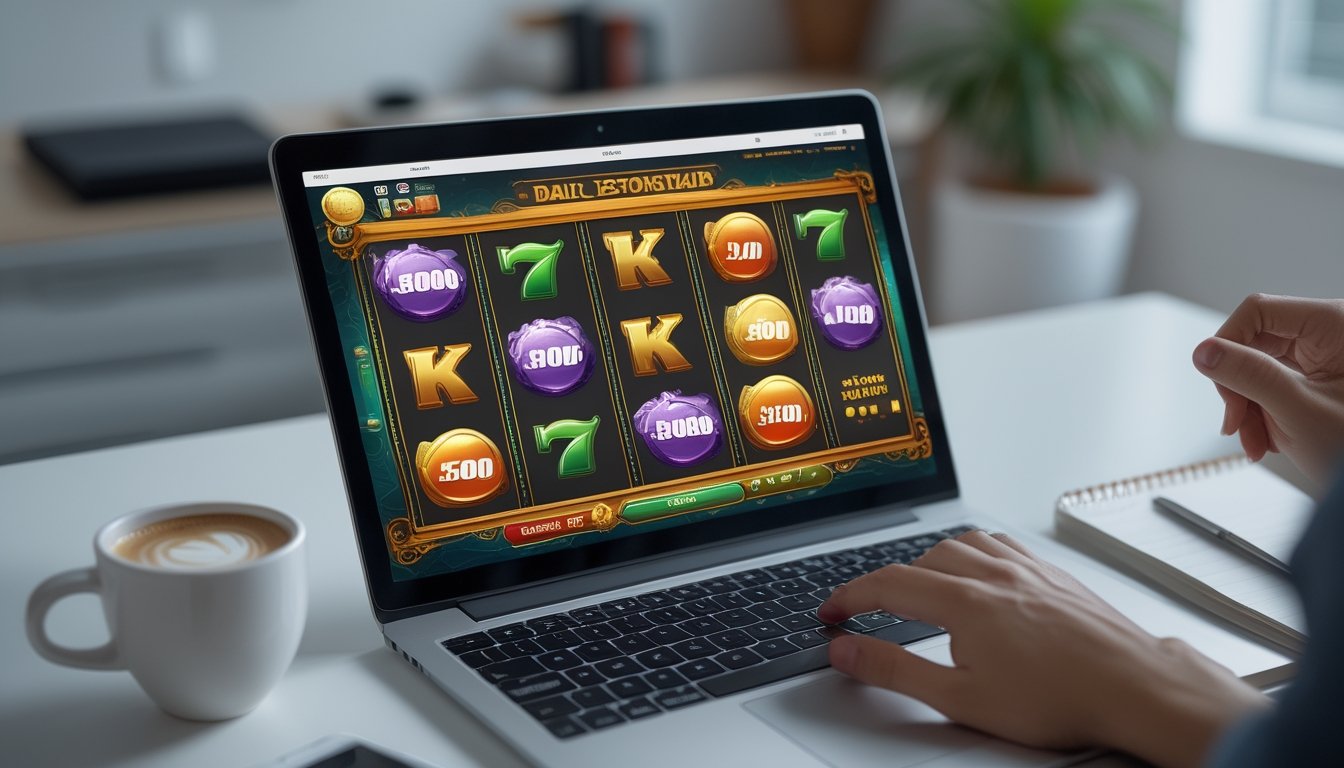 Seseorang menggunakan laptop dengan tampilan permainan slot online yang menampilkan ikon bonus harian di meja kerja yang rapi.