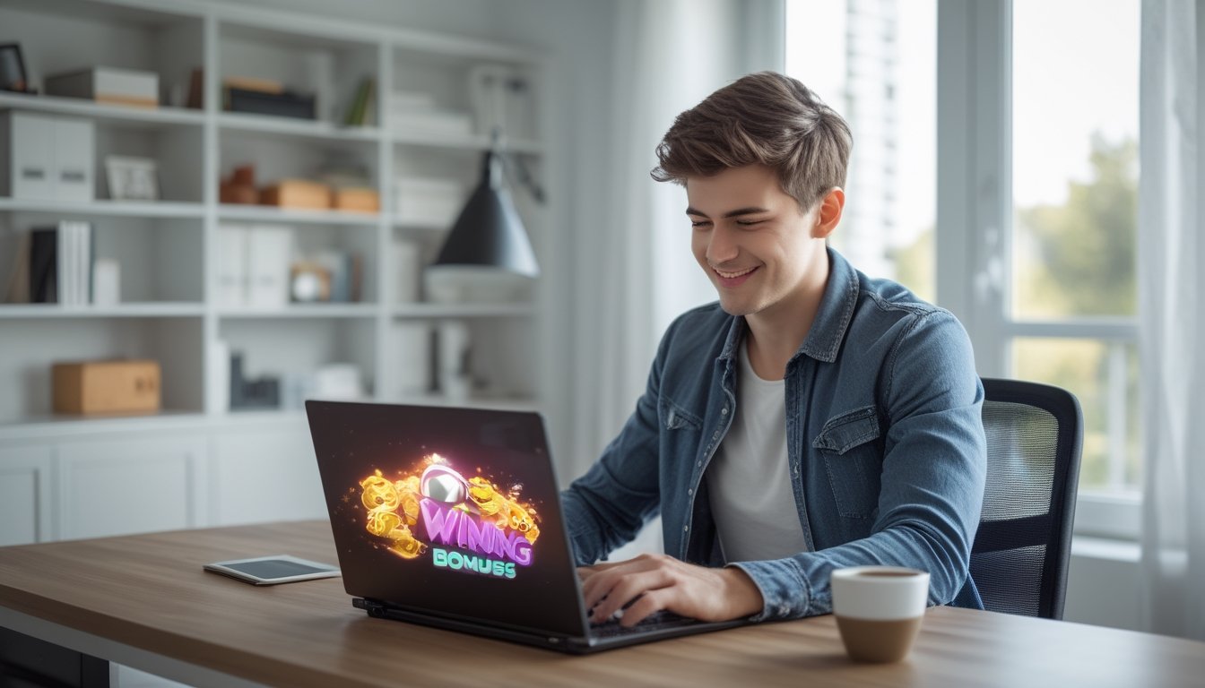 Seorang pria muda duduk di meja kerja dengan laptop yang menampilkan permainan slot online, di ruangan terang dengan latar belakang rak buku dan secangkir kopi.