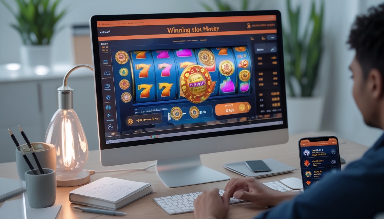 Seorang pemain sedang menggunakan laptop dengan tampilan permainan slot online berwarna cerah, di meja terdapat buku catatan dan ponsel dengan notifikasi bonus harian.