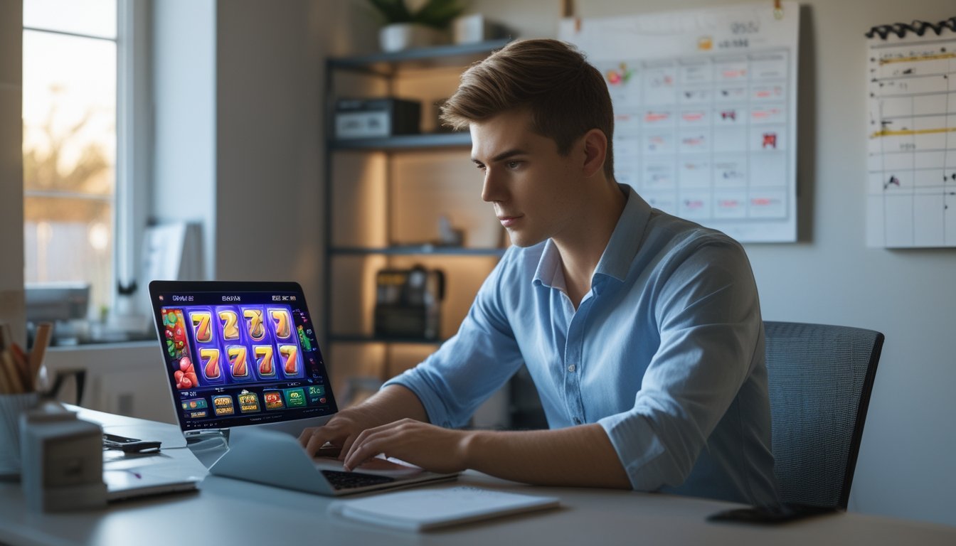 Seorang pria muda duduk di meja dengan laptop yang menampilkan permainan slot online, terlihat fokus dan serius dalam suasana kantor rumah yang terang.