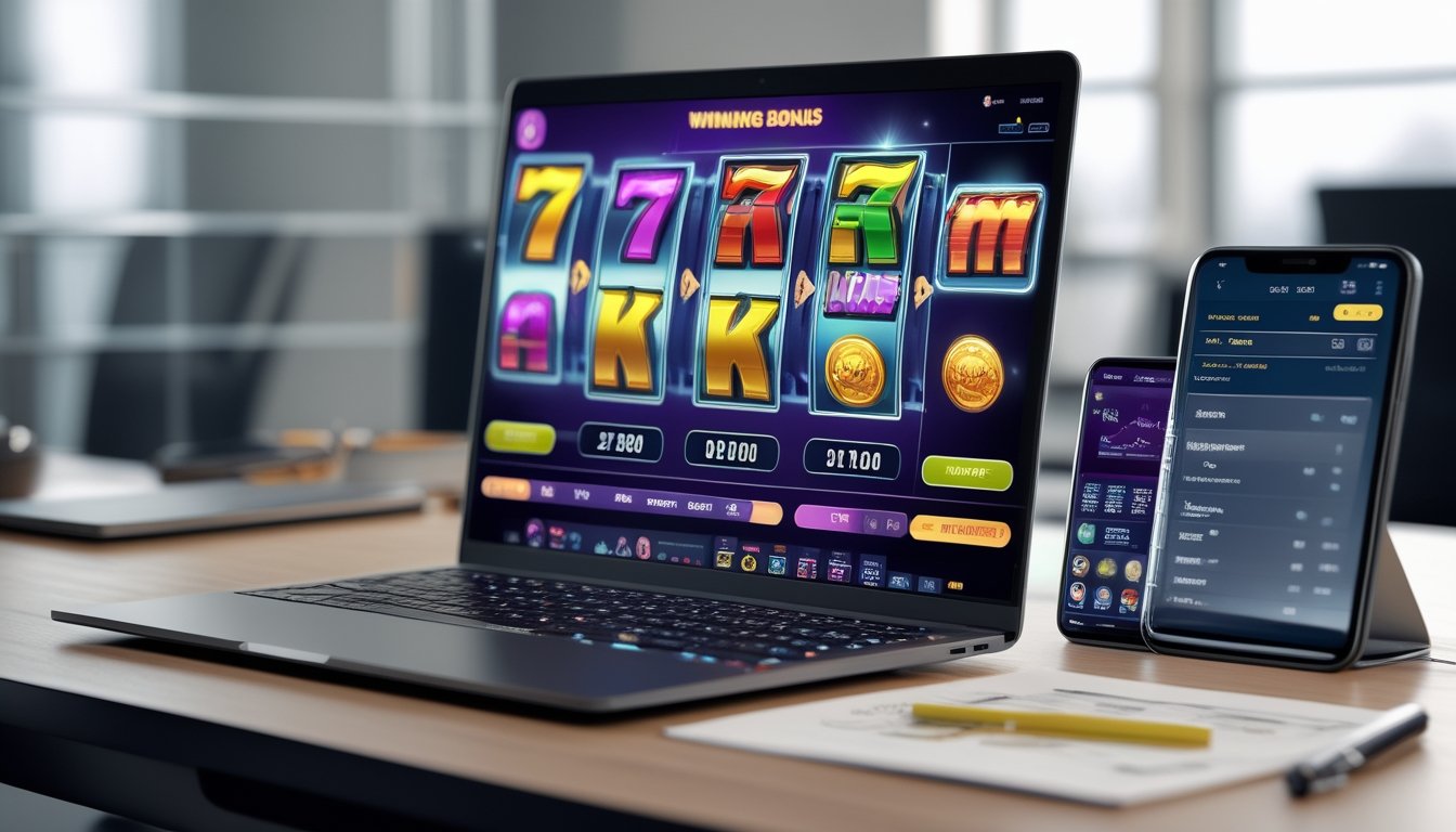 Seorang pria sedang bekerja di depan laptop dengan tampilan permainan slot online dan catatan strategi di meja.