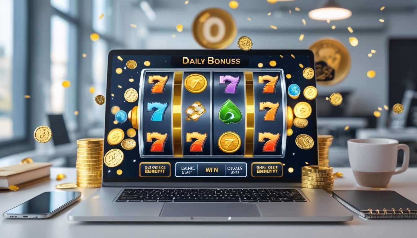 Seorang pengguna di depan komputer dengan tampilan mesin slot warna-warni dan koin emas di sekitar, menggambarkan suasana permainan slot online dengan bonus harian.