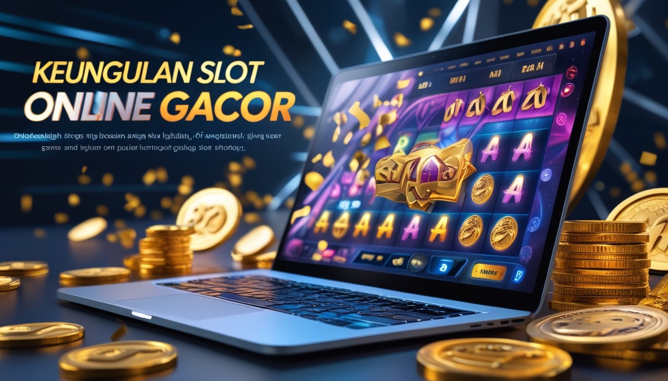 Sebuah komputer menampilkan permainan slot online dengan simbol kemenangan dan koin emas di sekitarnya.