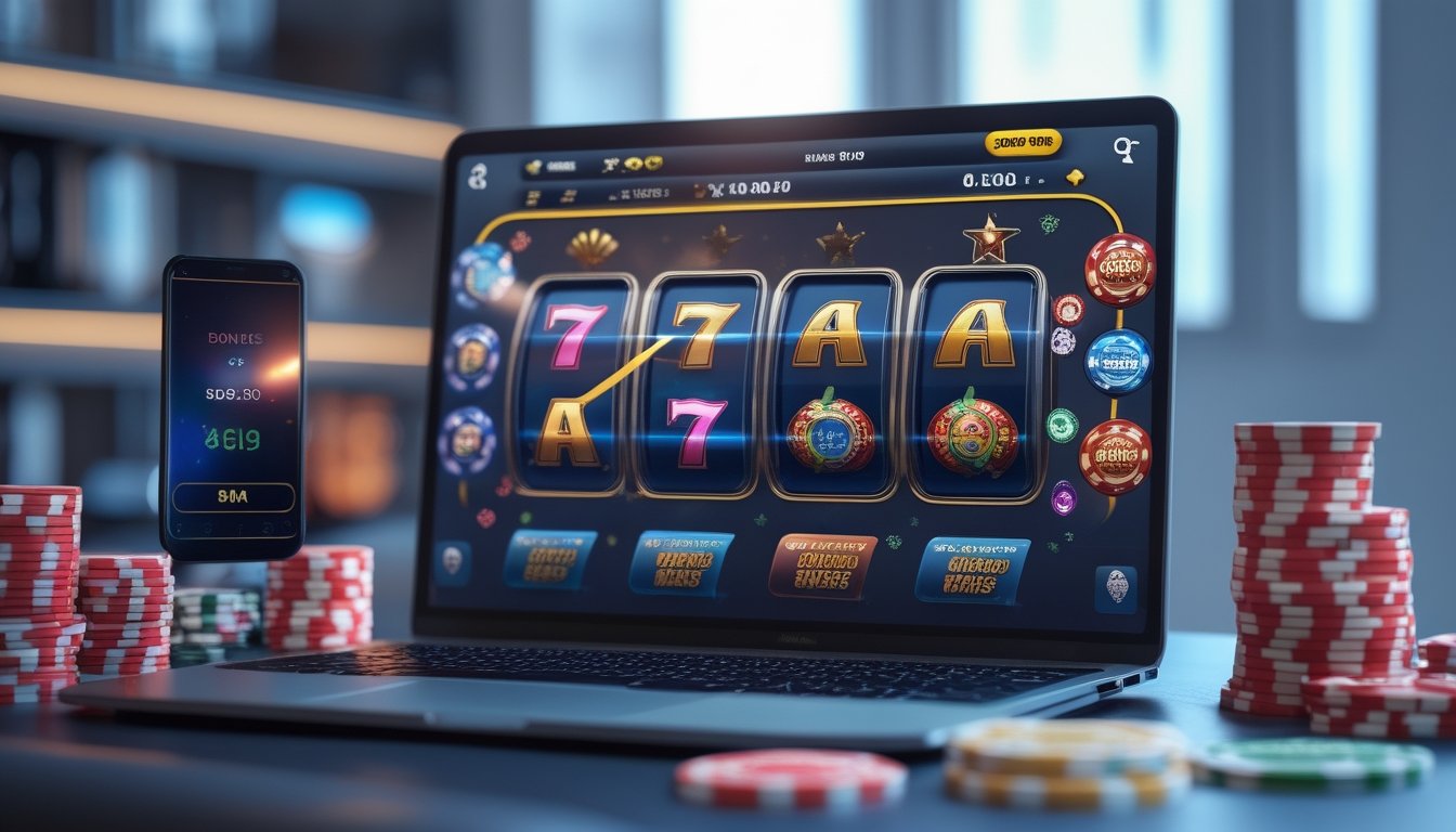 Seorang pengguna komputer dengan layar menampilkan permainan slot online dan berbagai chip kasino di meja di ruang kerja yang terang.