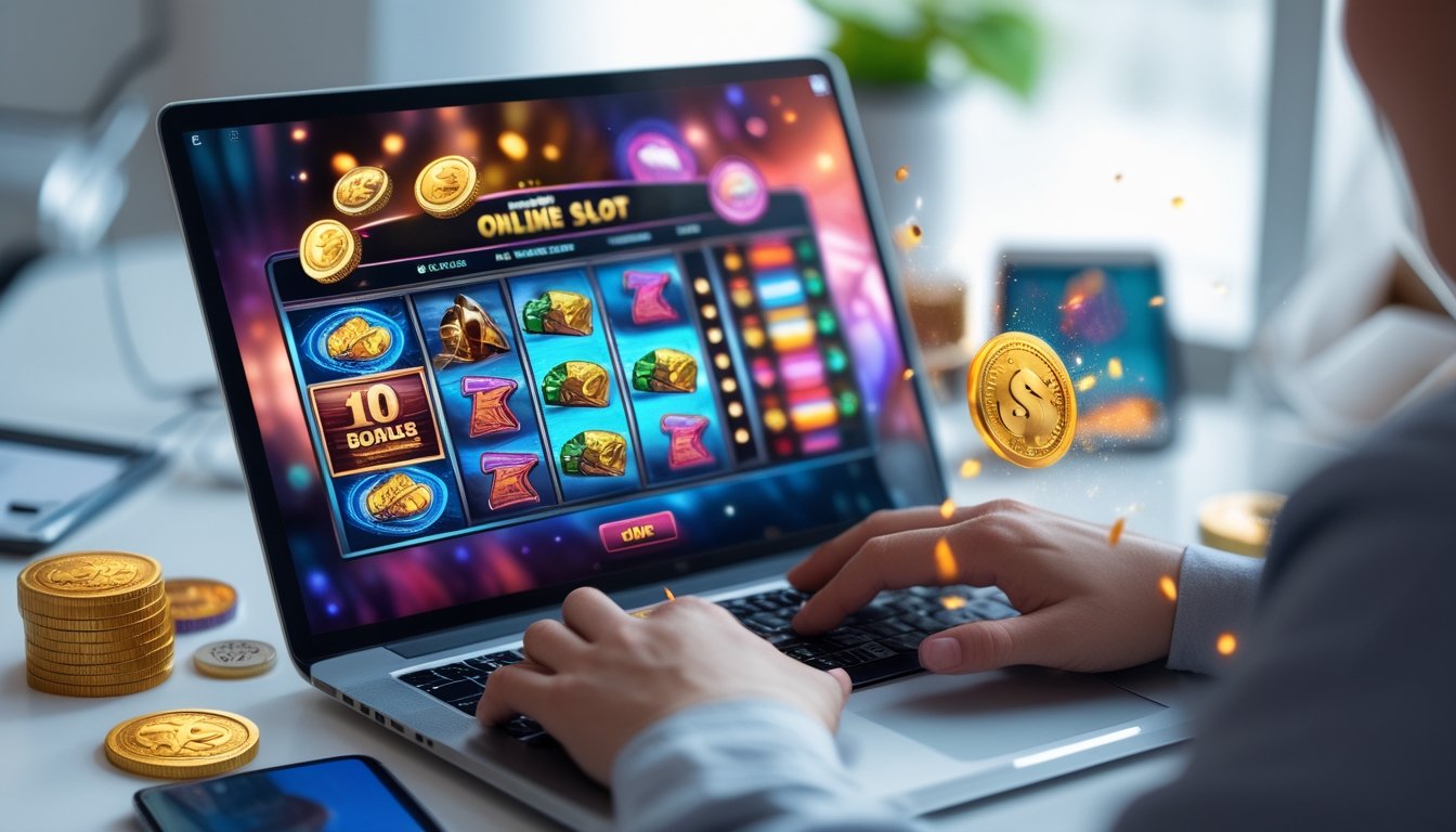 Seseorang menggunakan laptop dengan permainan slot online berwarna-warni di layar, dikelilingi koin emas dan simbol bonus.