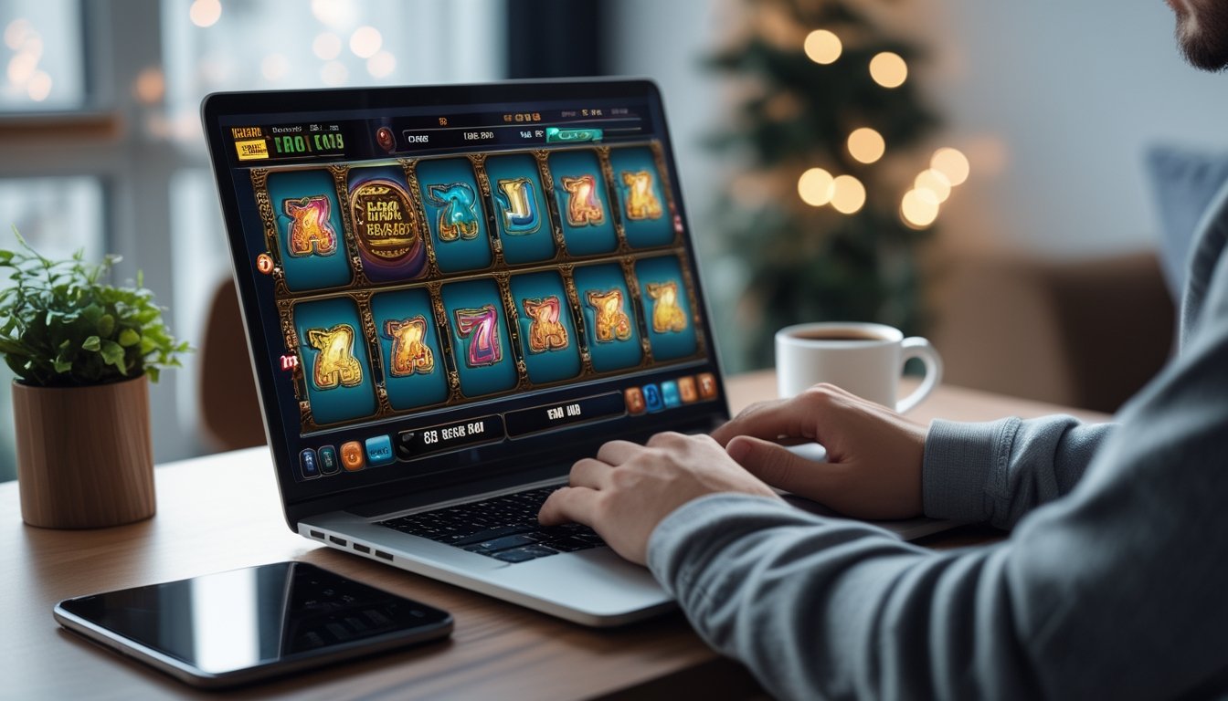 Seseorang sedang bermain mesin slot online di laptop dengan suasana ruangan yang nyaman.