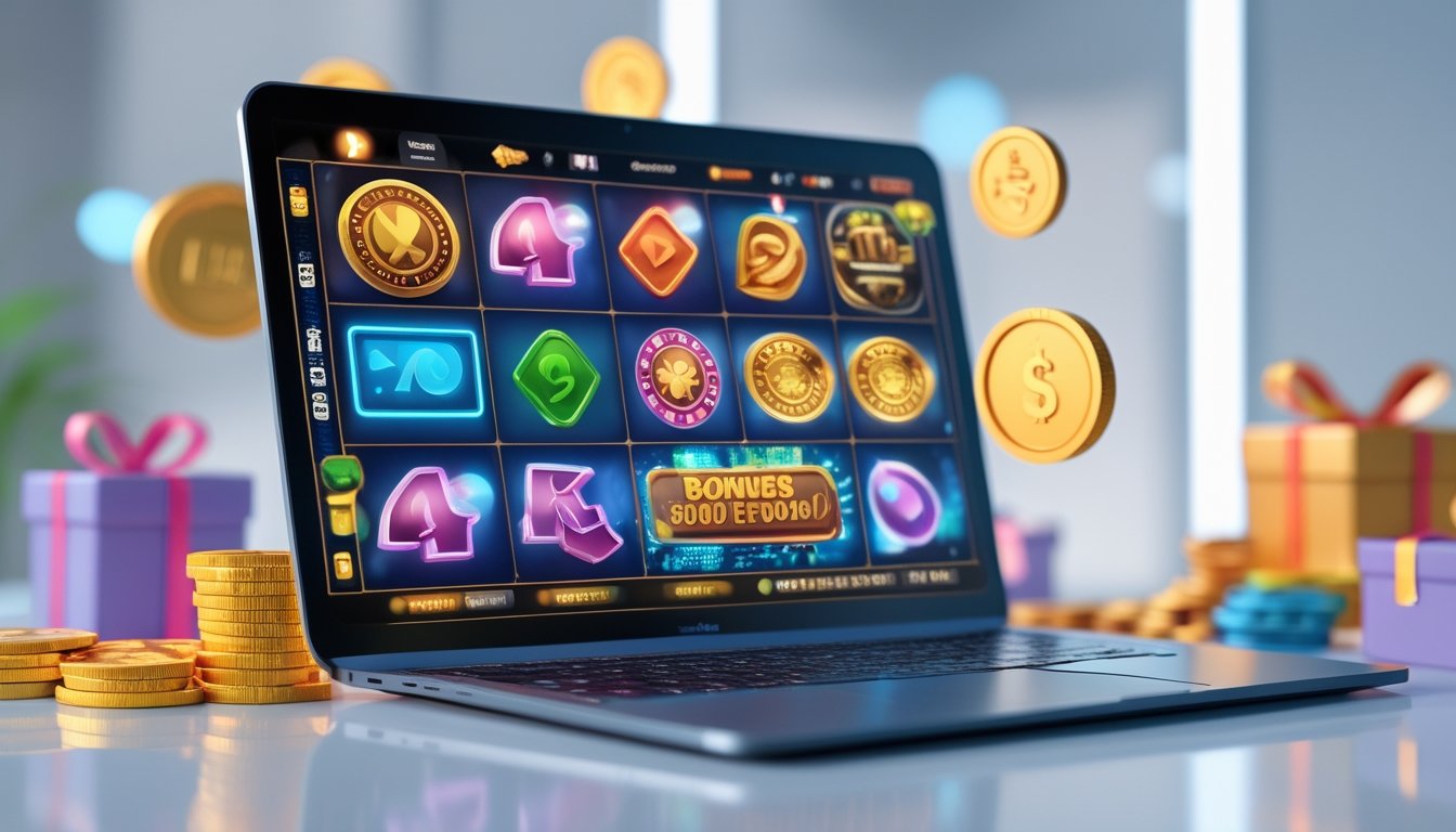 Seorang pemula bermain permainan slot online di laptop dengan simbol bonus dan koin di sekitar layar.