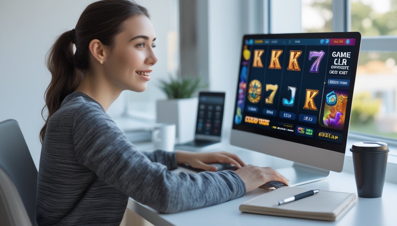 Seorang pemula sedang bermain slot online di laptop di meja kerja yang rapi di rumah.
