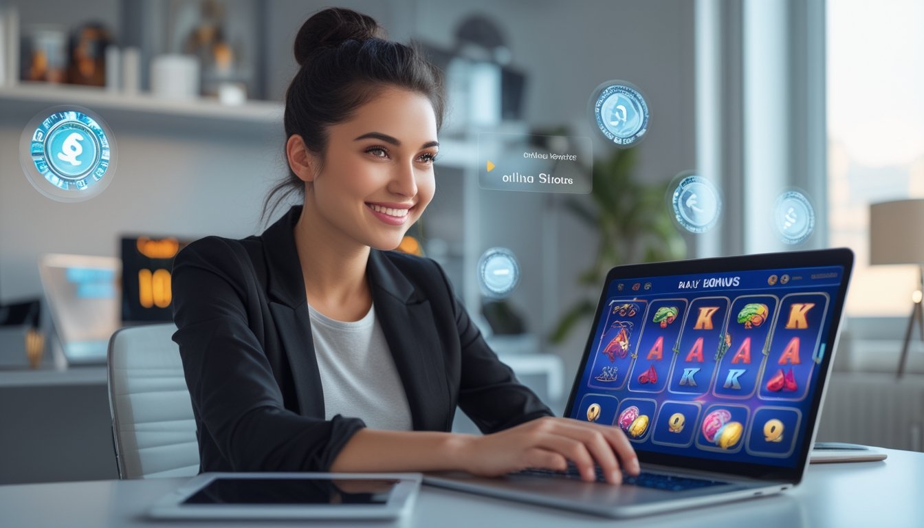 Seorang wanita muda duduk di depan laptop di ruang kerja rumah yang terang, tersenyum sambil melihat layar dengan gambar permainan slot online.