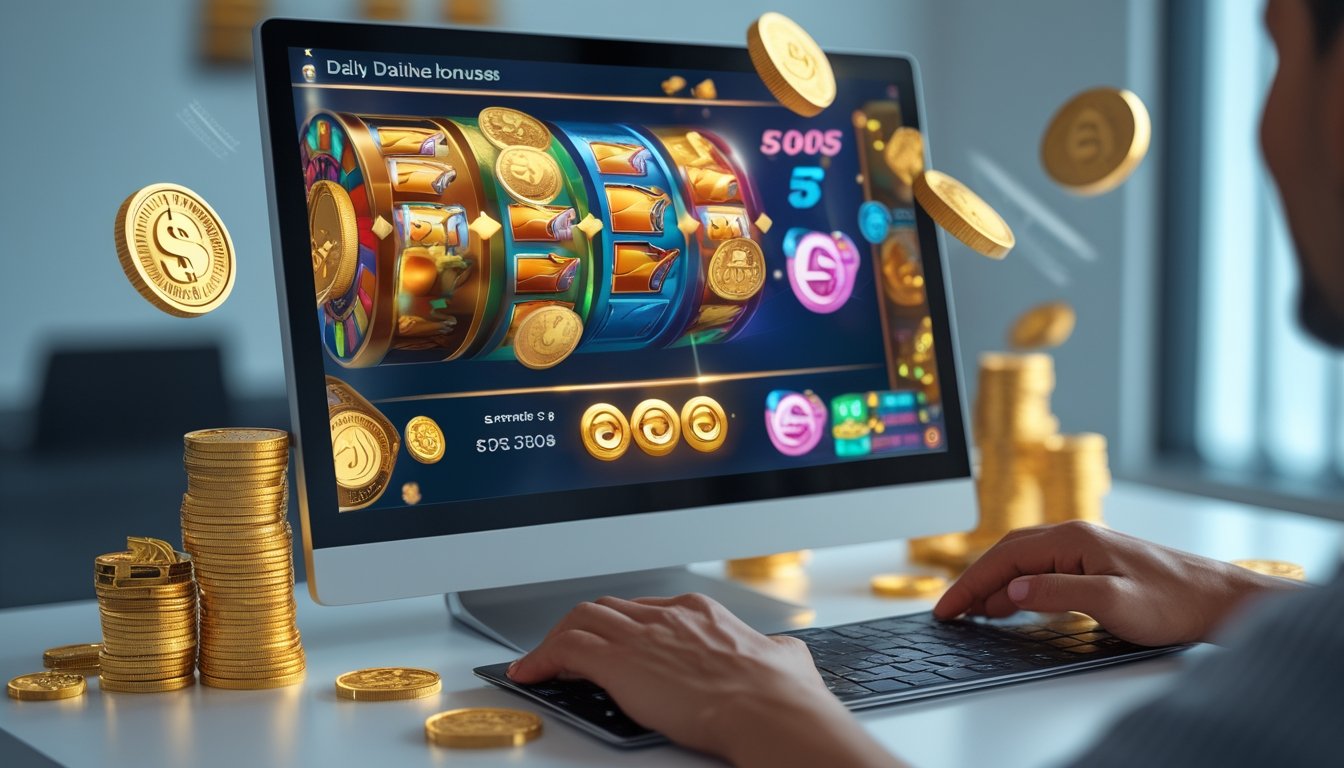 Seseorang menggunakan komputer dengan layar menampilkan permainan slot online berwarna-warni dan koin emas di sekitar meja kerja.