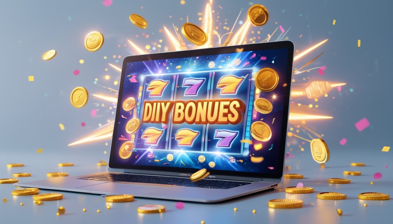 Sebuah laptop atau ponsel menampilkan permainan slot online dengan koin emas dan simbol jackpot yang berkilauan di layar, dikelilingi oleh efek cahaya dan konfeti.