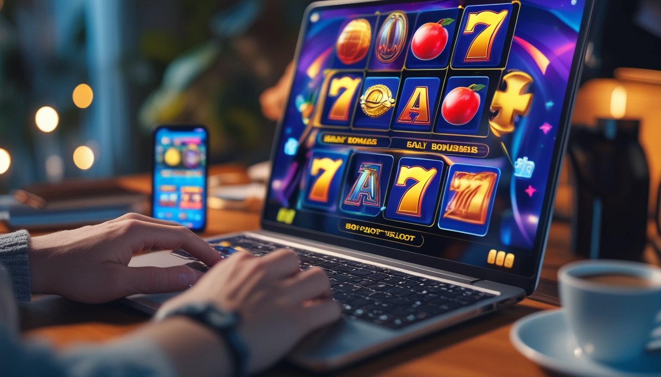 Seorang pengguna sedang bermain permainan slot online di komputer dengan latar belakang ruangan yang nyaman.