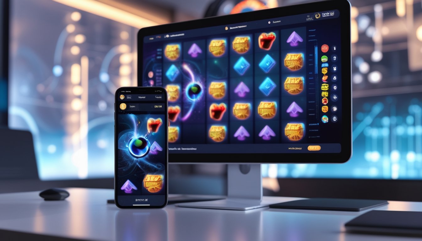 Meja kerja modern dengan komputer dan ponsel yang menampilkan permainan slot online berwarna-warni, dikelilingi elemen teknologi abstrak.