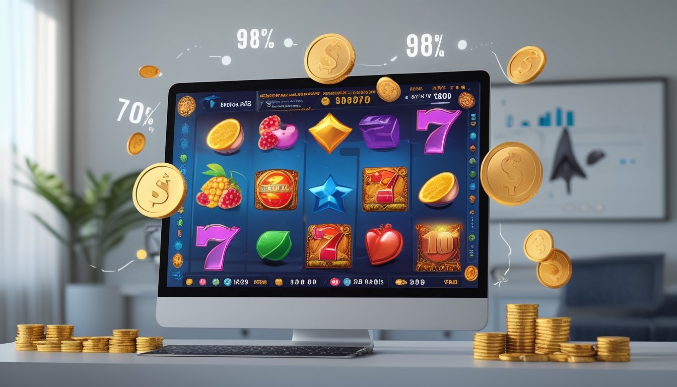 Layar komputer menampilkan permainan slot online dengan simbol warna-warni dan elemen grafis yang menunjukkan nilai RTP tinggi, di sebuah ruang kerja yang rapi.