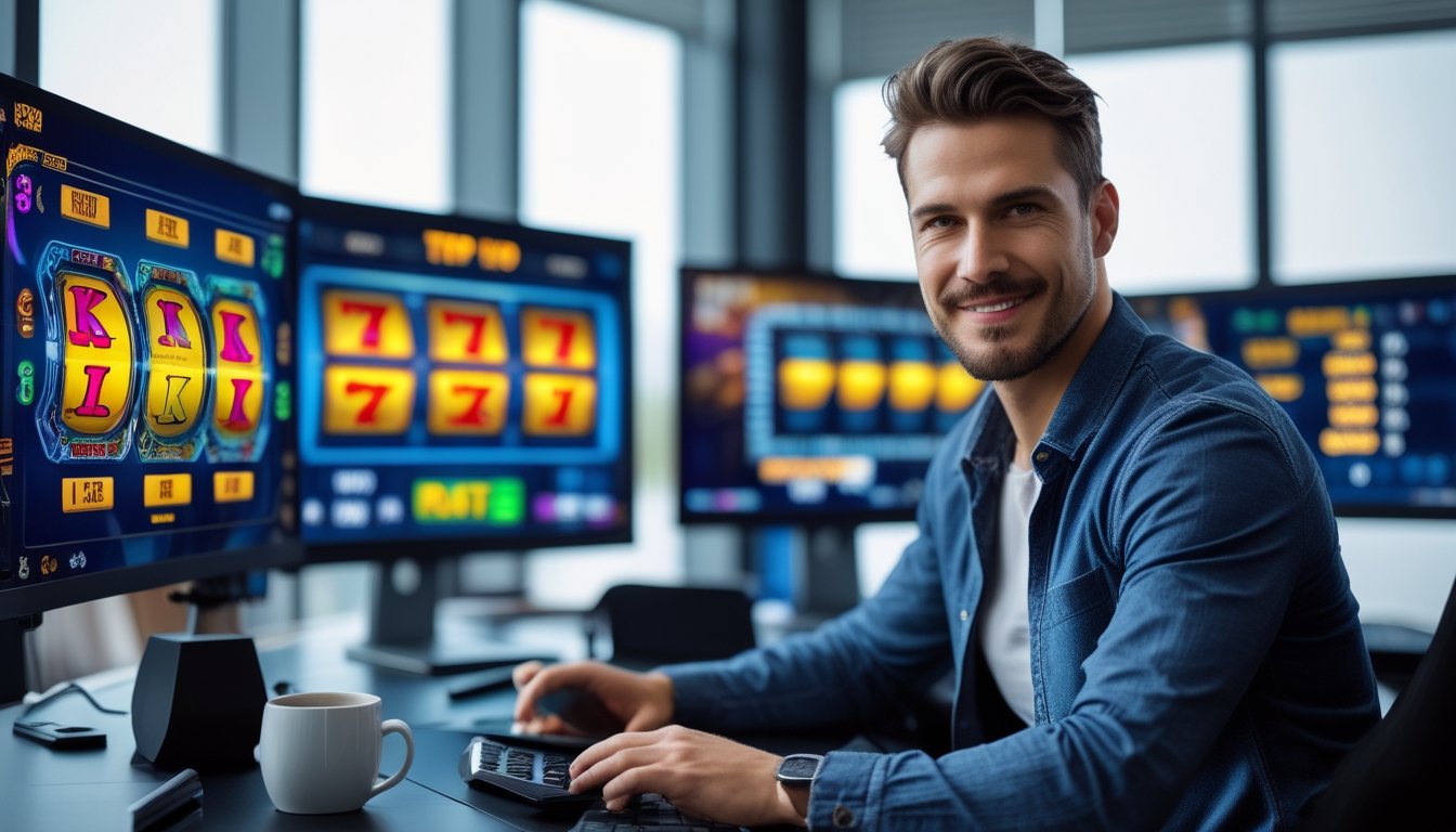 Seorang pria duduk di depan komputer dengan layar menampilkan permainan slot dan grafik RTP tinggi, di ruang kantor modern.