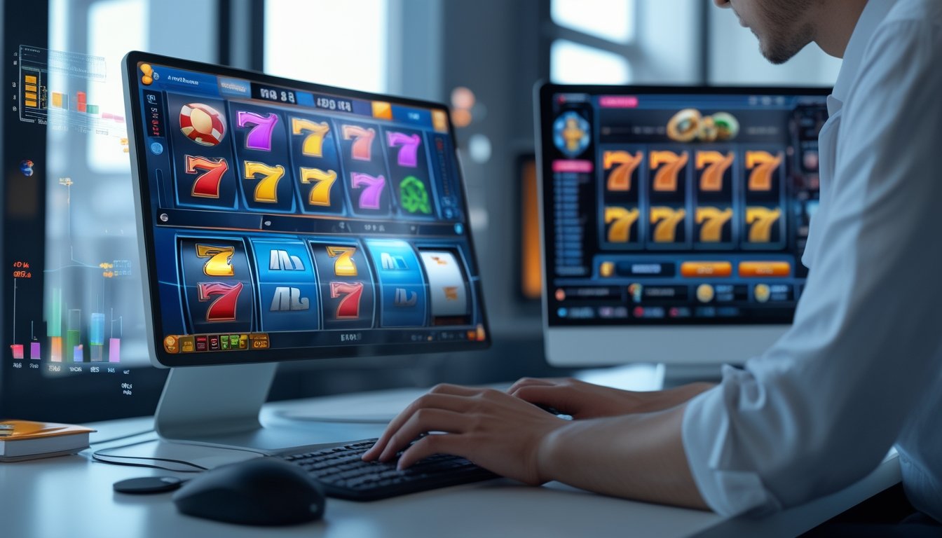 Seorang pemain menggunakan komputer dengan layar menampilkan permainan slot online berwarna-warni, dikelilingi oleh grafik dan ikon statistik yang melambangkan RTP.