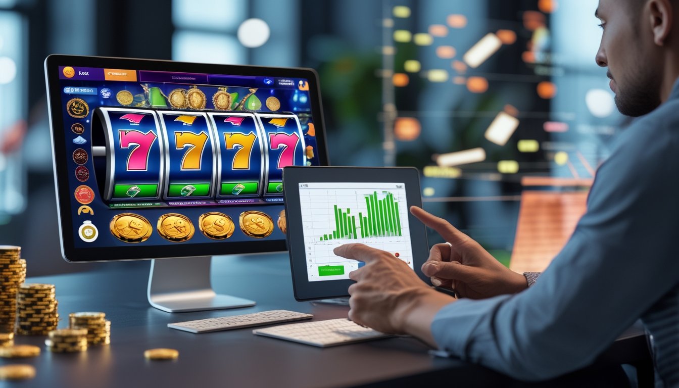 Seseorang sedang menggunakan laptop dan tablet untuk menganalisis strategi permainan slot online dengan grafik warna-warni di layar.