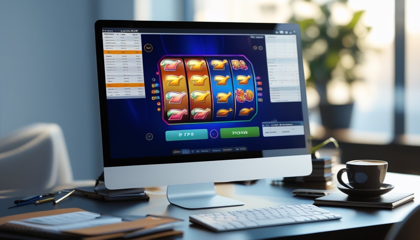 Seorang pemain duduk di depan komputer dengan layar menampilkan permainan slot online yang berwarna-warni, dikelilingi alat tulis dan cangkir kopi di meja kerja.