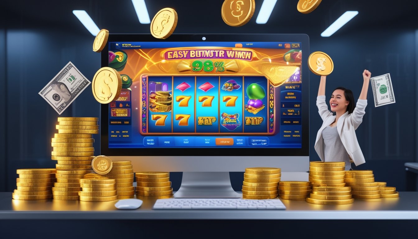 Seorang pria tersenyum gembira di depan komputer yang menampilkan permainan slot online dengan koin emas dan simbol keberuntungan di sekitarnya.