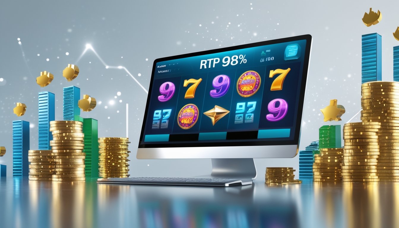 Tampilan mesin slot digital dengan simbol warna-warni, koin emas, dan grafik naik yang menunjukkan kemenangan dan keuntungan besar.