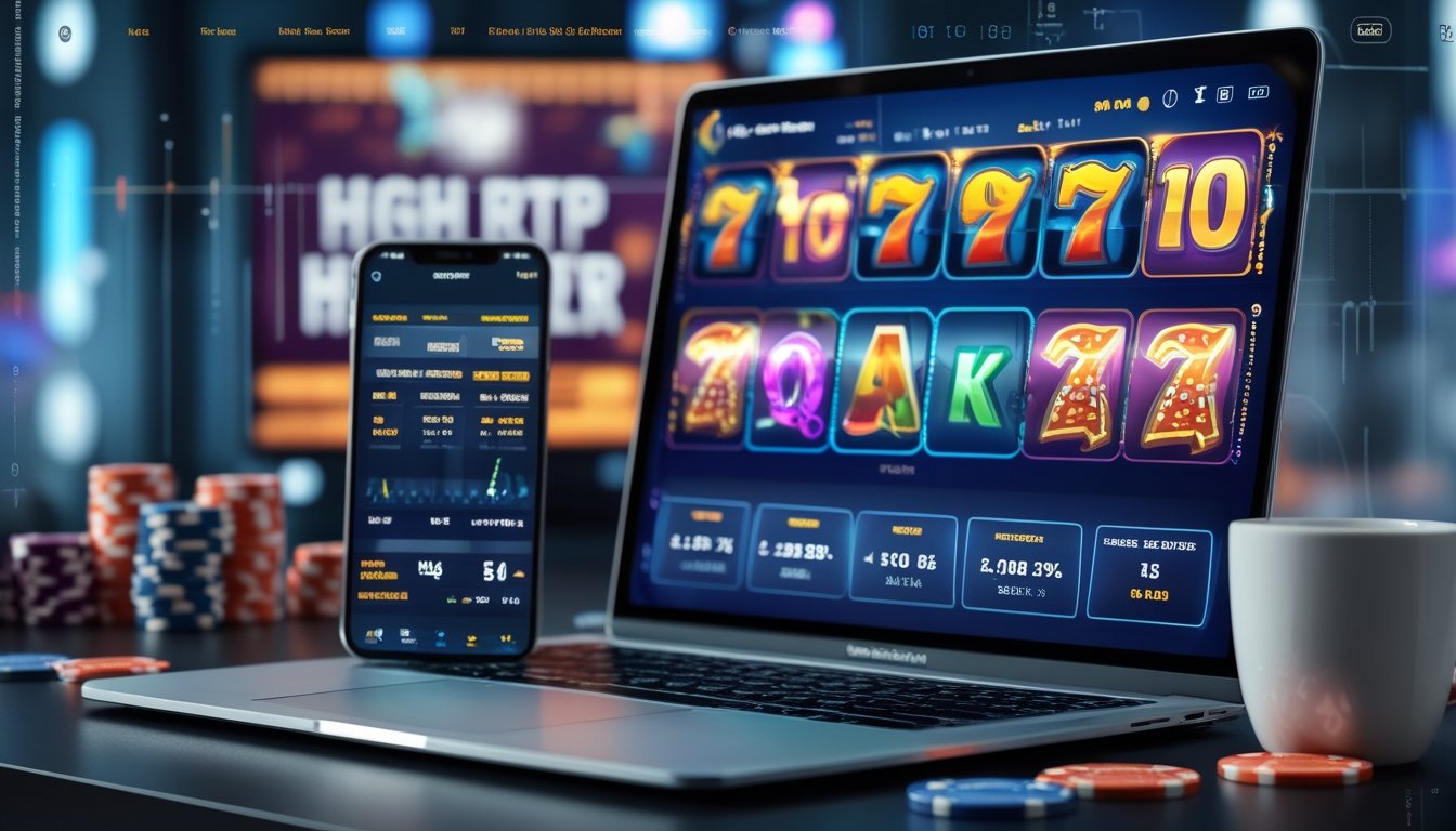 Sebuah laptop menampilkan permainan slot online dengan gulungan berwarna-warni di atas meja yang rapi, dilengkapi dengan chip kasino dan ponsel yang menunjukkan statistik permainan.