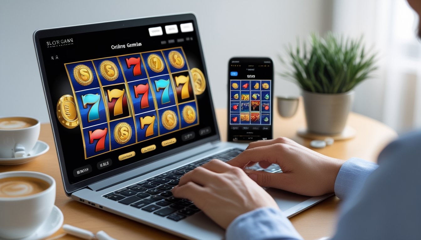 Seseorang menggunakan laptop untuk bermain permainan slot online dengan tampilan layar yang berwarna-warni, di meja terdapat smartphone dan cangkir kopi.