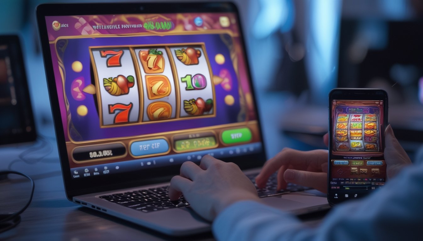 Seseorang bermain permainan slot online di komputer dengan tampilan mesin slot berwarna-warni di layar.