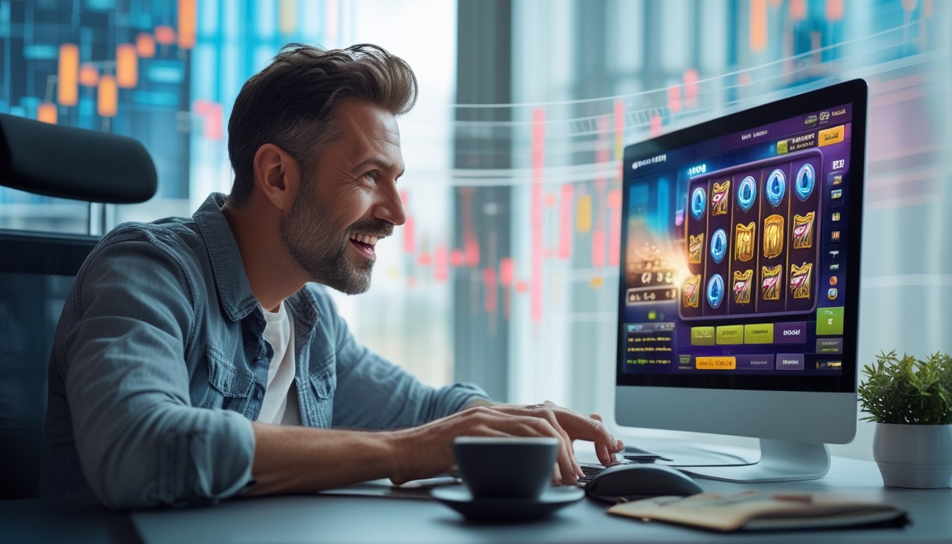 Seorang pria dewasa duduk di depan laptop dengan ekspresi fokus sambil bermain permainan slot online di sebuah ruangan yang terang.