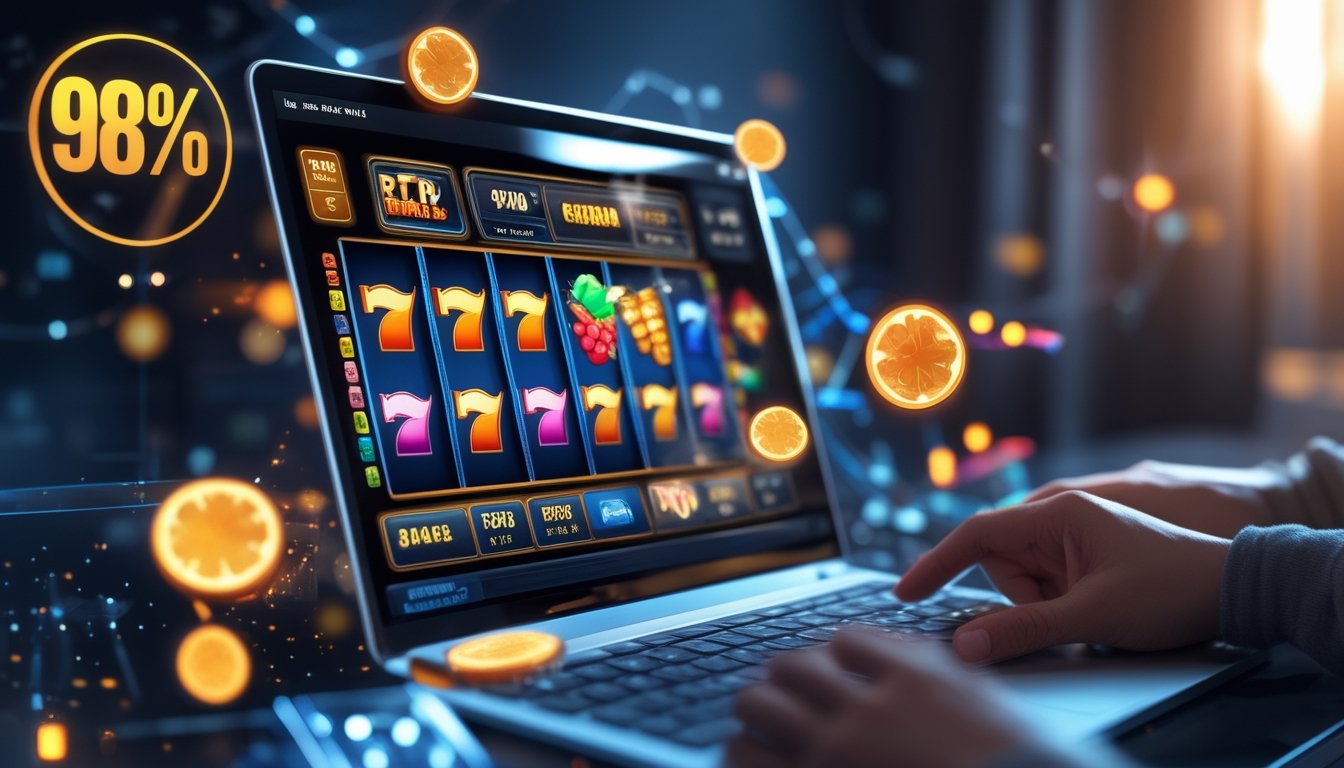 Tangan seseorang menggunakan laptop yang menampilkan permainan slot online dengan simbol warna-warni dan ikon persentase RTP 98% di layar.