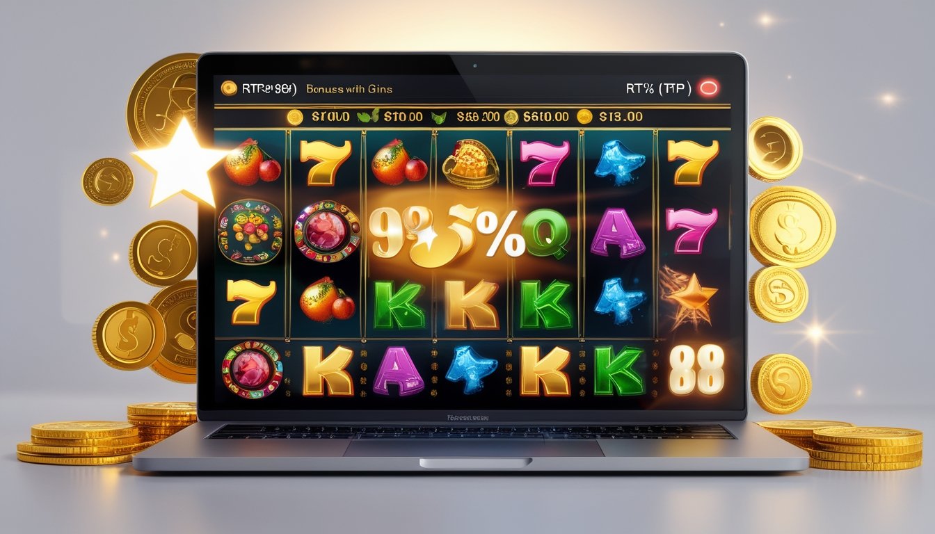 Sebuah layar komputer menampilkan permainan slot online dengan simbol berwarna cerah dan koin emas yang bersinar di sekitarnya.