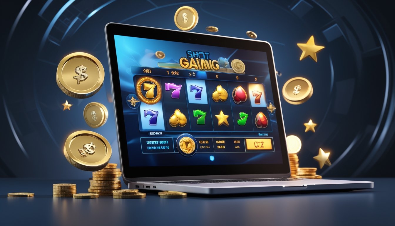 Seorang pemain menggunakan laptop dengan tampilan permainan slot online yang menampilkan simbol buah, koin emas, dan ikon bonus di latar belakang gelap.
