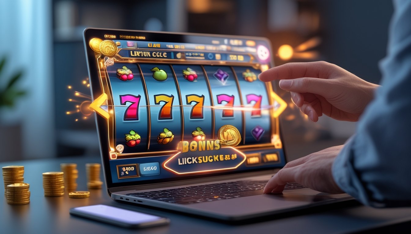 Seseorang menggunakan komputer dengan layar menampilkan permainan slot online berwarna cerah dan simbol keberuntungan, menunjukkan aktivitas klaim bonus dalam suasana ruangan modern.