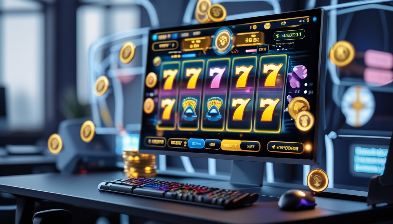 Sebuah setup permainan slot online dengan monitor menampilkan grafis permainan slot yang cerah dan simbol bonus, di atas meja dengan keyboard dan mouse.