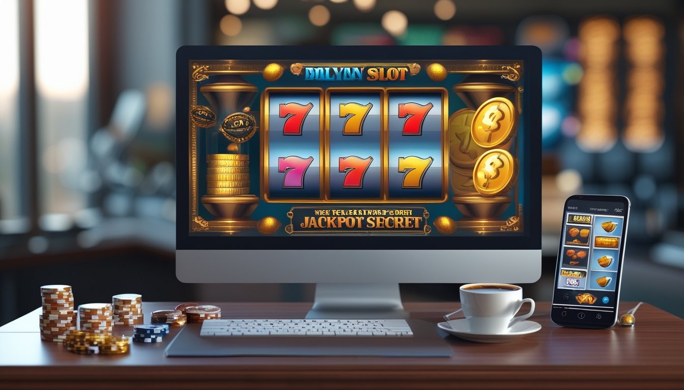 Meja kerja dengan komputer menampilkan permainan slot online dan beberapa chip poker di sekitarnya.