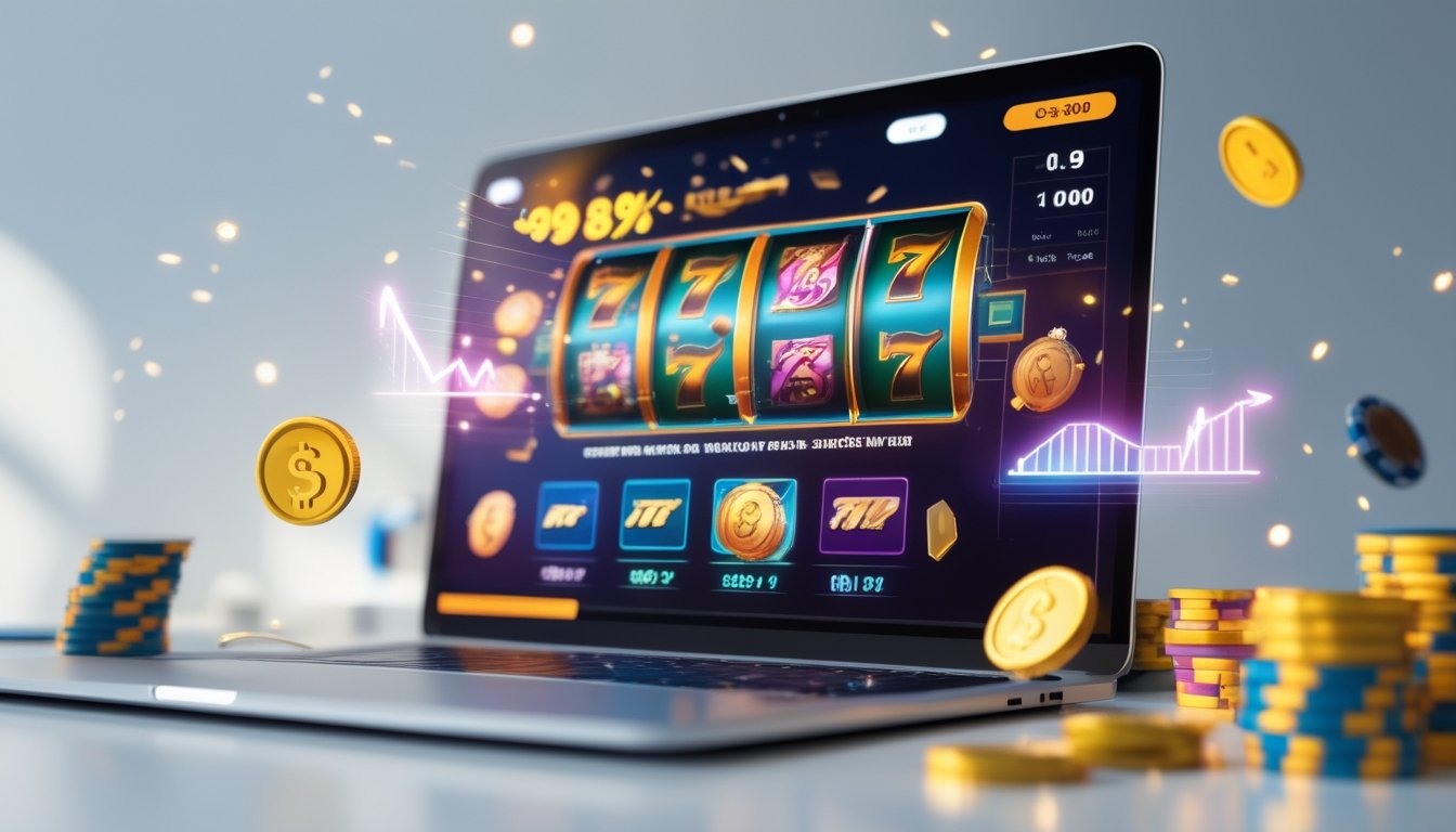 Seorang pengguna sedang bermain mesin slot online di komputer dengan koin dan grafik RTP yang menunjukkan kemenangan.