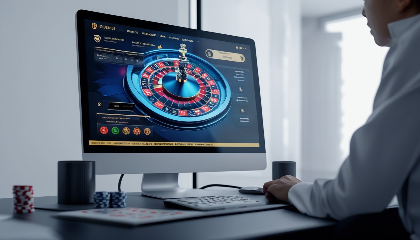 Sebuah meja kerja dengan komputer yang menampilkan roda roulette digital dan chip taruhan, menggambarkan permainan roulette online yang aman dan terpercaya.