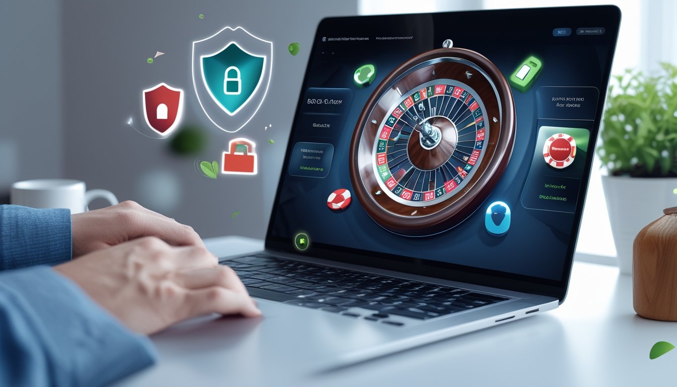 Sebuah komputer menampilkan roda roulette digital dengan ikon keamanan di latar belakang, di ruang kerja yang bersih dan terang.